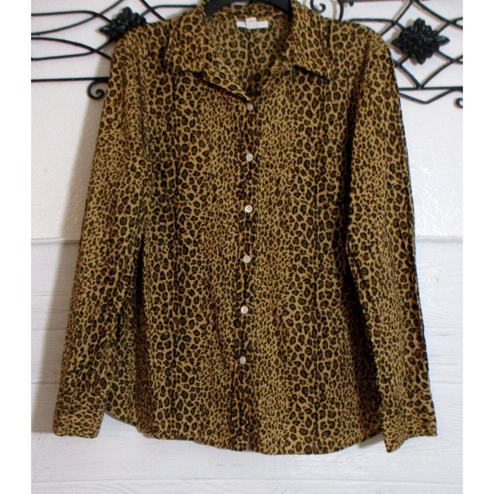 Charter Club Women's Top Size 14/L Long Sleeve Multicolor Leopard Button Up